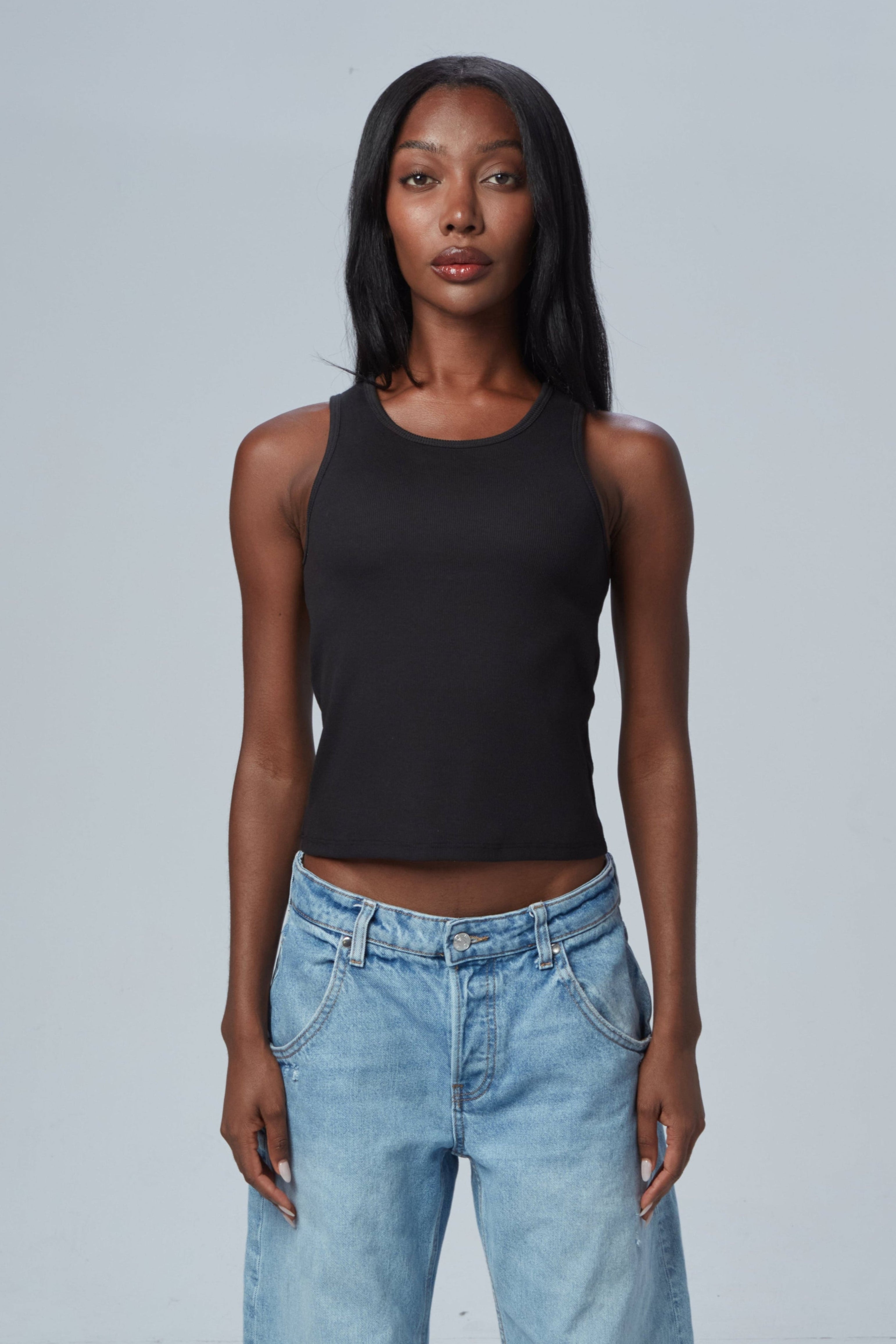 The High Neck Ribbed Tank Black