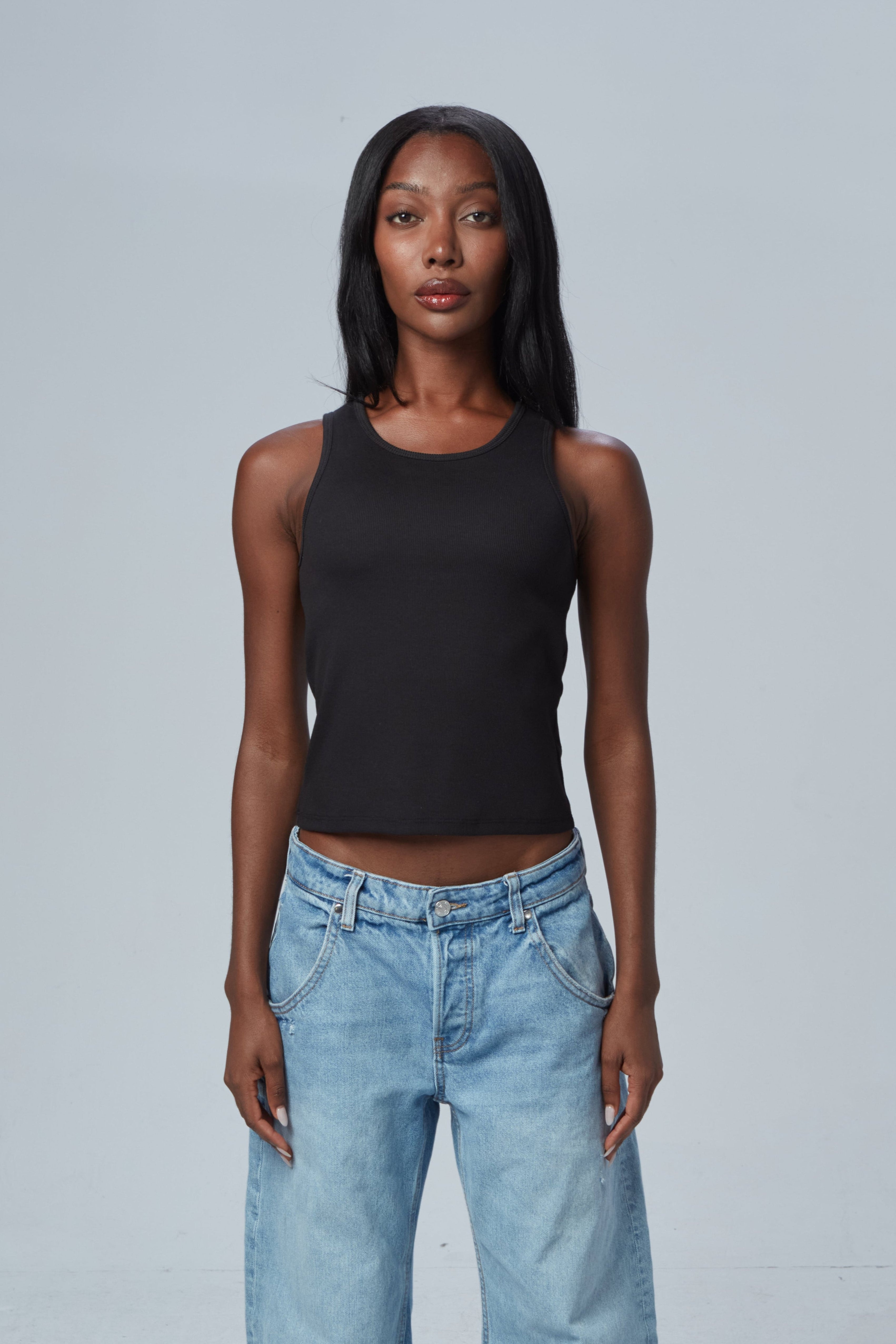 The High Neck Ribbed Tank Black